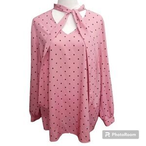 Lane Bryant Woman's  Pink and Black Polka Dot Front Tie Blouse Size 14/16